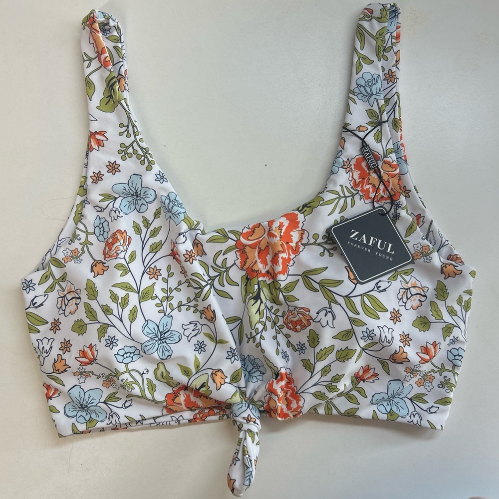 Zaful‎ Floral Knot Swim Crop Top - White and Orange
